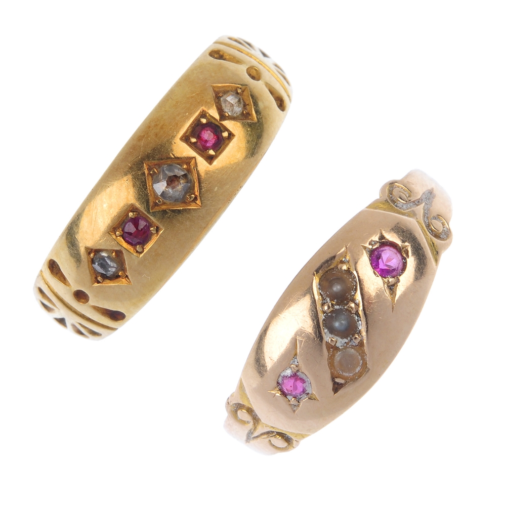 Two late Victorian 15ct gold ruby, diamond and split pearl rings. To include an alternating