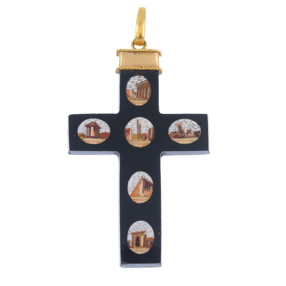 A late 19th century gold micro mosaic cross pendant. The black glass cross, with various micro