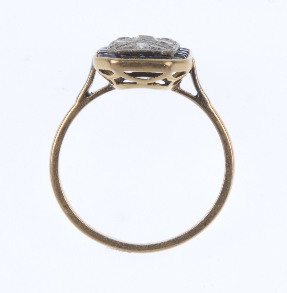 A mid 20th century gold diamond and sapphire dress ring. The old-cut diamond rectangular panel, - Image 2 of 4