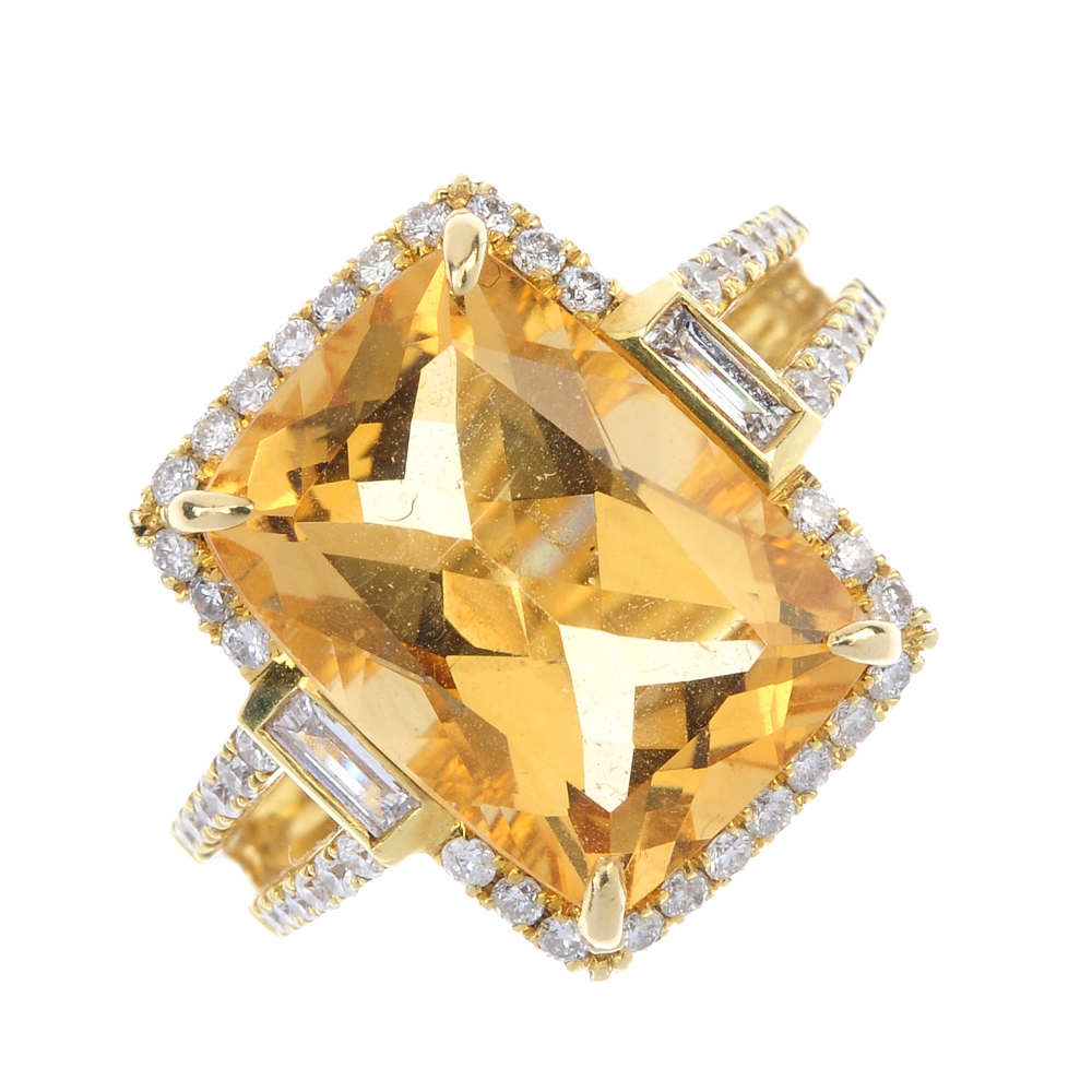 A citrine and diamond dress ring. The rectangular-shape citrine, within a brilliant-cut diamond