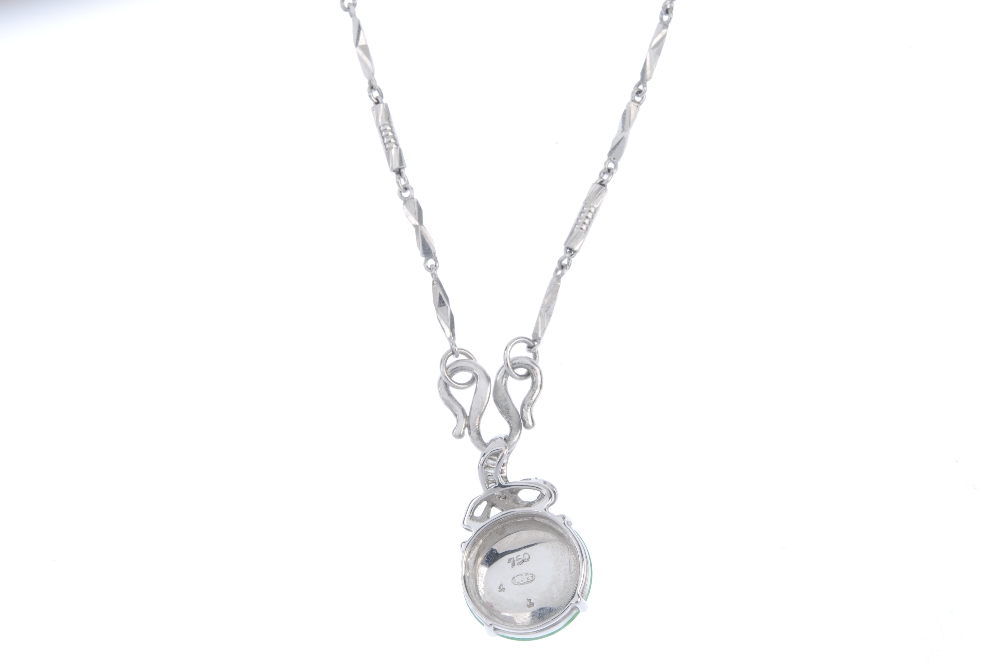 A jade and diamond pendant. The jadeite disc with brilliant-cut diamond highlight, suspended from - Image 2 of 3