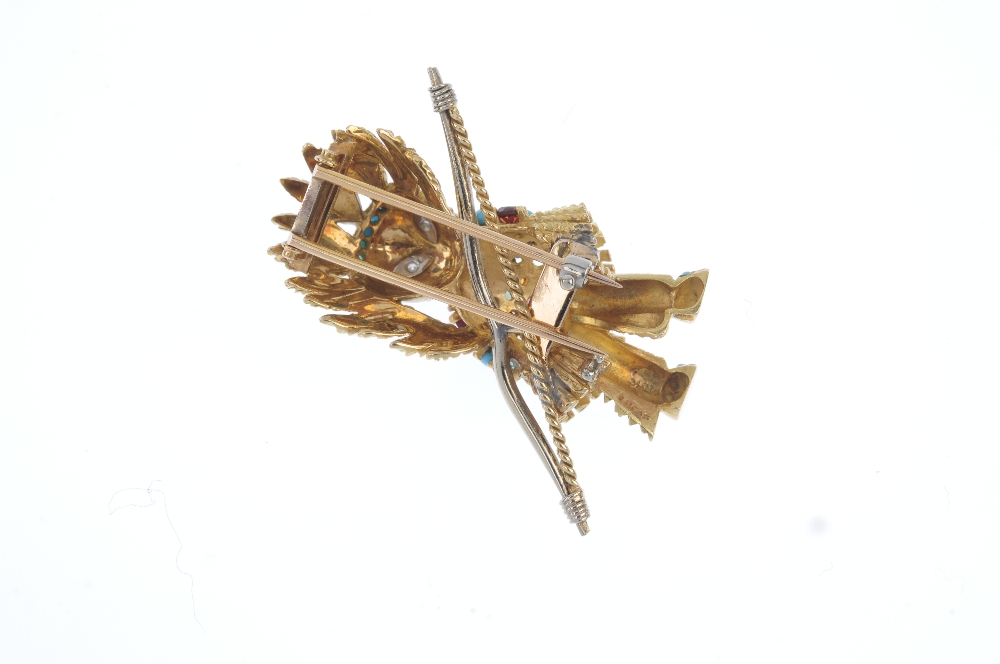 A mid 20th century 18ct gold diamond and gem-set novelty brooch. Designed as a stylised Native - Image 2 of 2