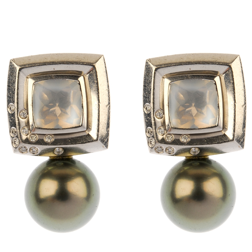 BOODLES - a pair of 18ct gold diamond and gem-set earrings. Each designed as a square-shape