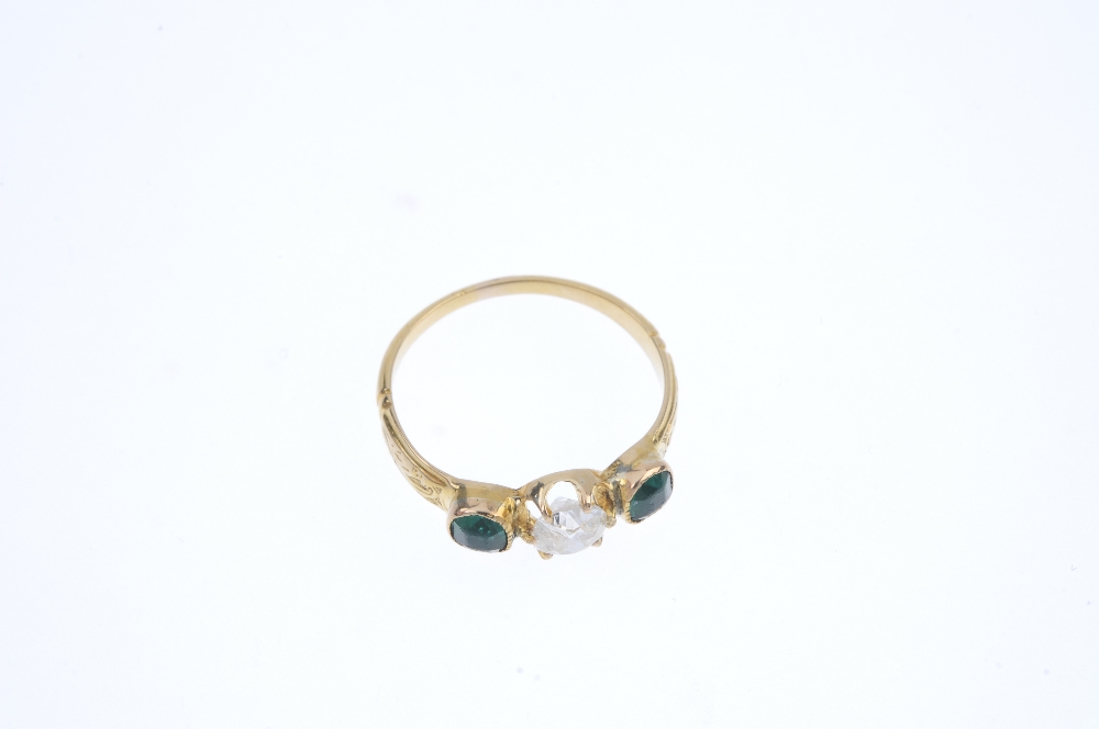 A late 19th century 18ct gold diamond and paste ring. The old-cut diamond, with green paste sides, - Image 2 of 4