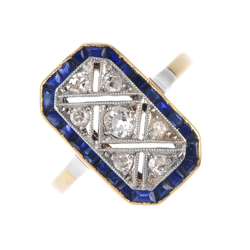 A mid 20th century gold diamond and sapphire dress ring. The old-cut diamond rectangular panel,