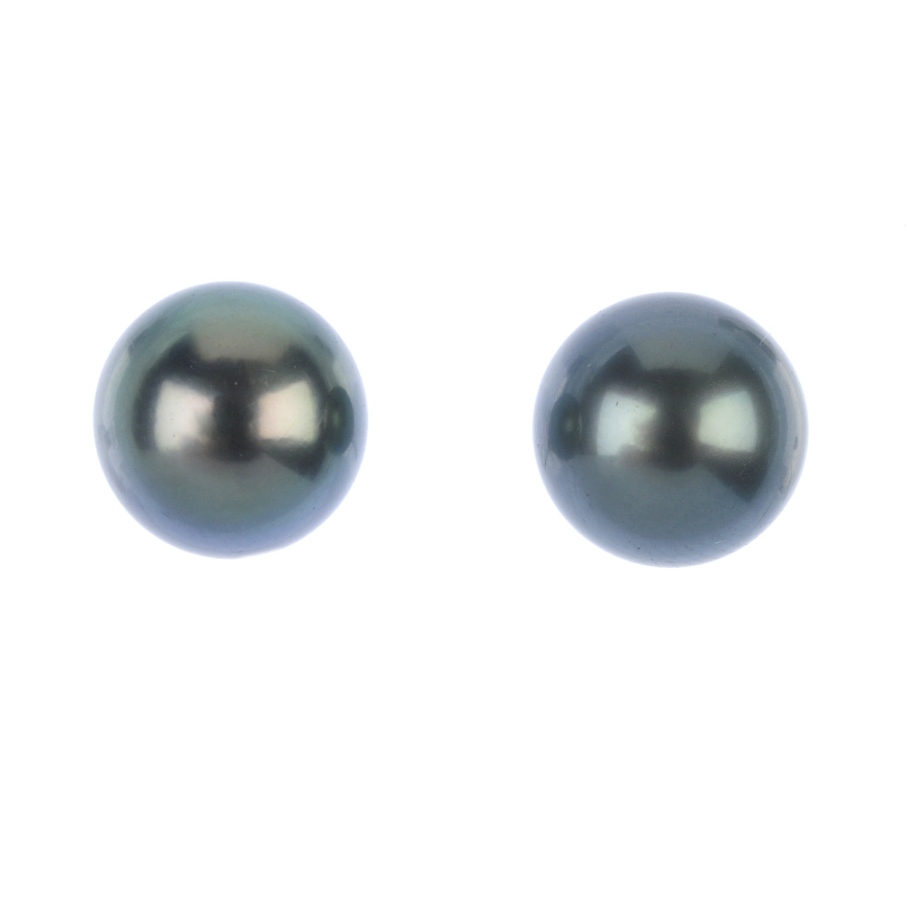 A pair of cultured pearl ear studs. Each designed as a grey cultured pearl, measuring 10.7 and 10.