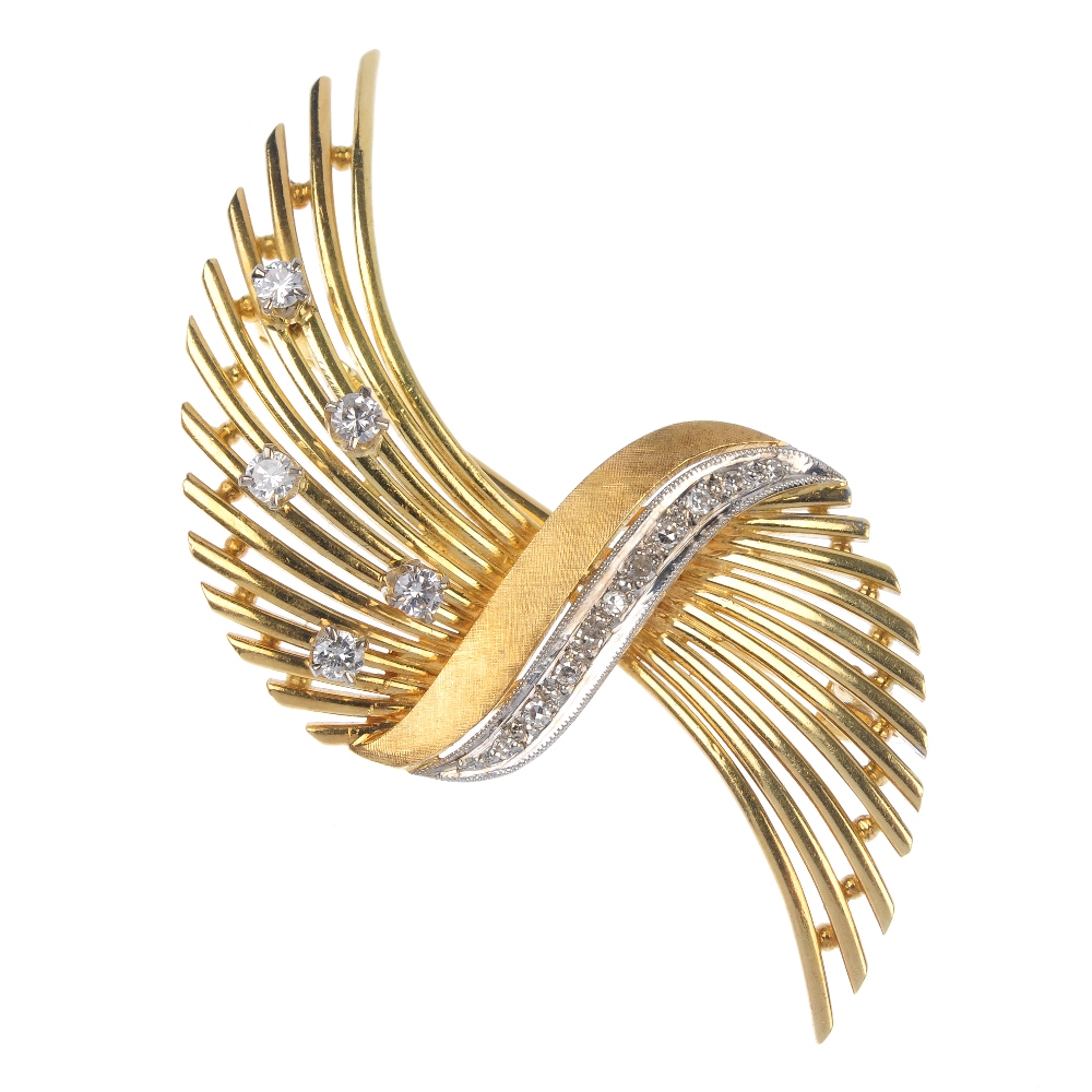 A 1960s 18ct gold diamond brooch. Designed as a stylised bow, with single-cut diamond curved line