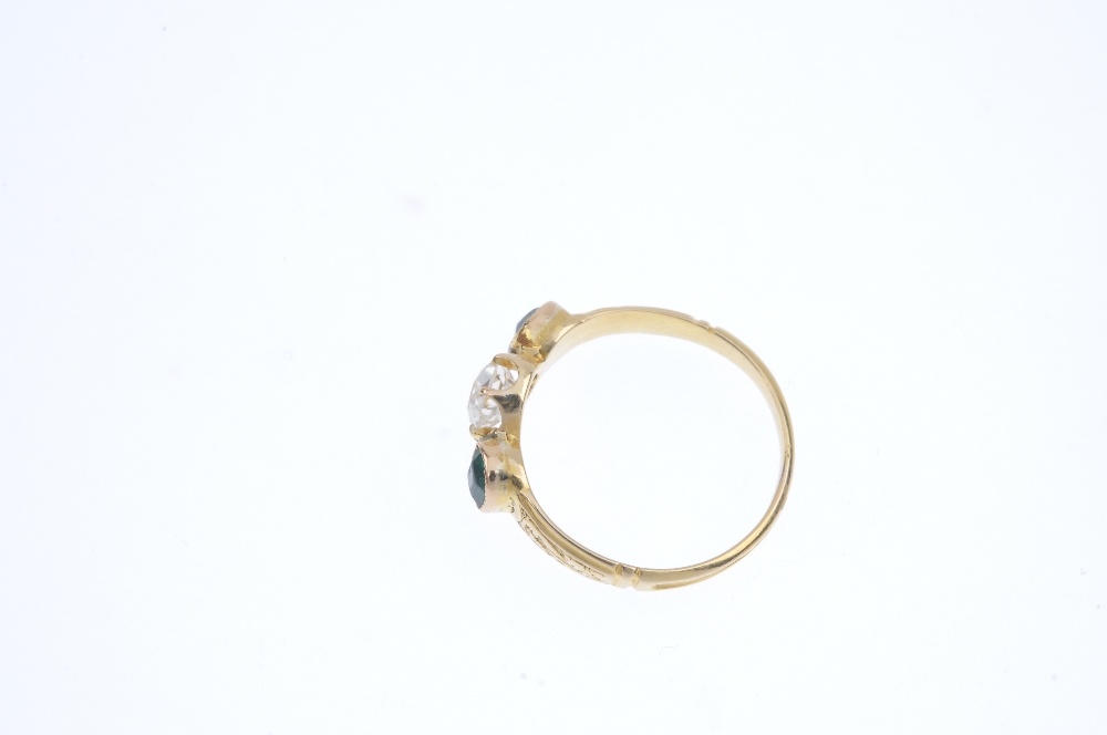 A late 19th century 18ct gold diamond and paste ring. The old-cut diamond, with green paste sides, - Image 3 of 4