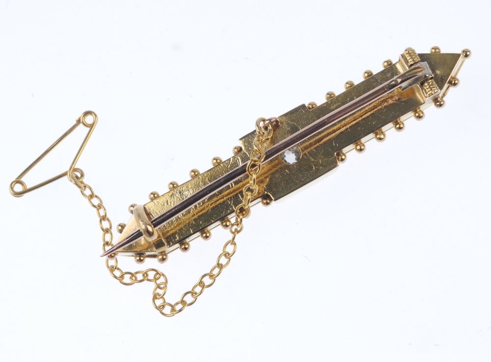 A late 19th century gold diamond brooch. The old-cut diamond, to the cannetille sides and bead edge. - Image 3 of 3