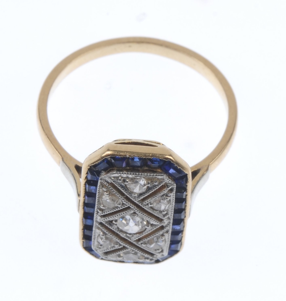 A mid 20th century gold diamond and sapphire dress ring. The old-cut diamond rectangular panel, - Image 4 of 4