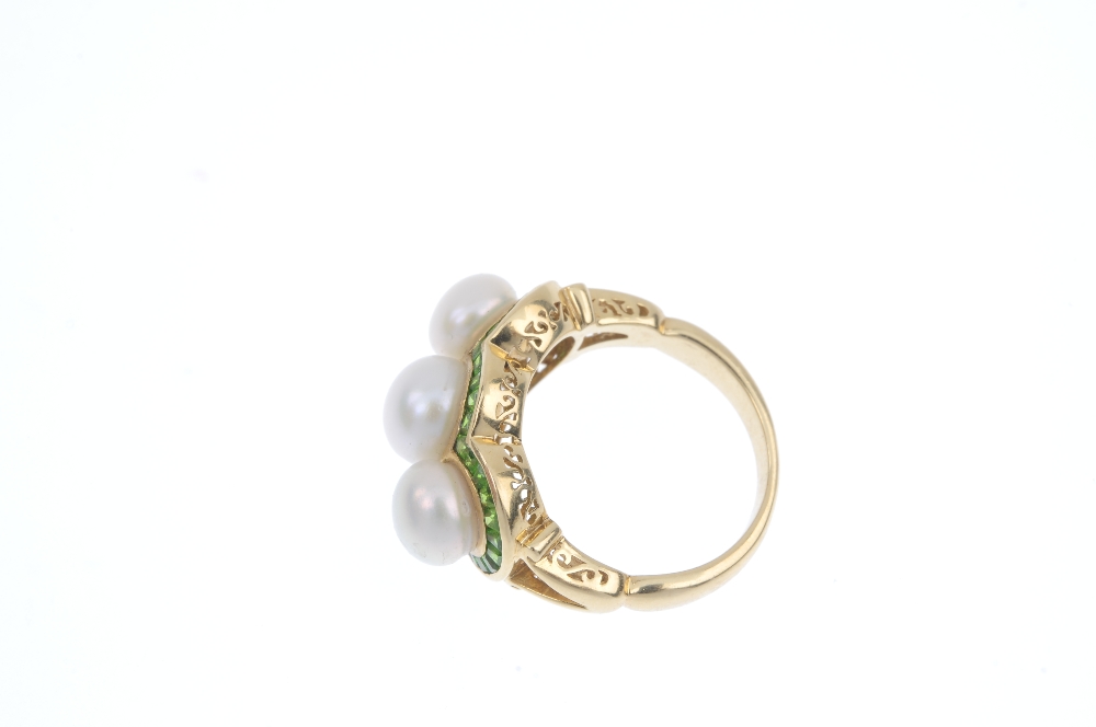 A cultured pearl and garnet cluster ring. The three cultured pearls, within a square-shape green - Image 3 of 4