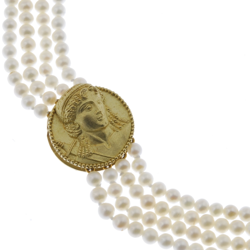 A cultured pearl four-row necklace. Designed as a series of cultured pearls, to the circular-shape - Image 2 of 3