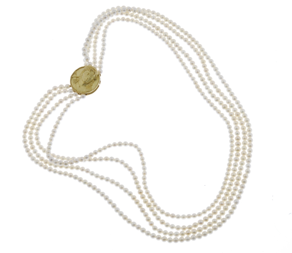 A cultured pearl four-row necklace. Designed as a series of cultured pearls, to the circular-shape - Image 3 of 3