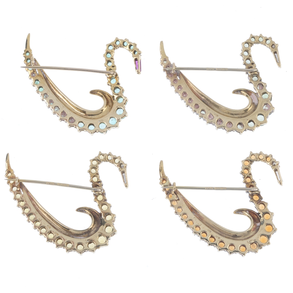 A collection of four multi-gem and diamond swan brooches. Each designed as a stylised swan, set with - Image 2 of 2