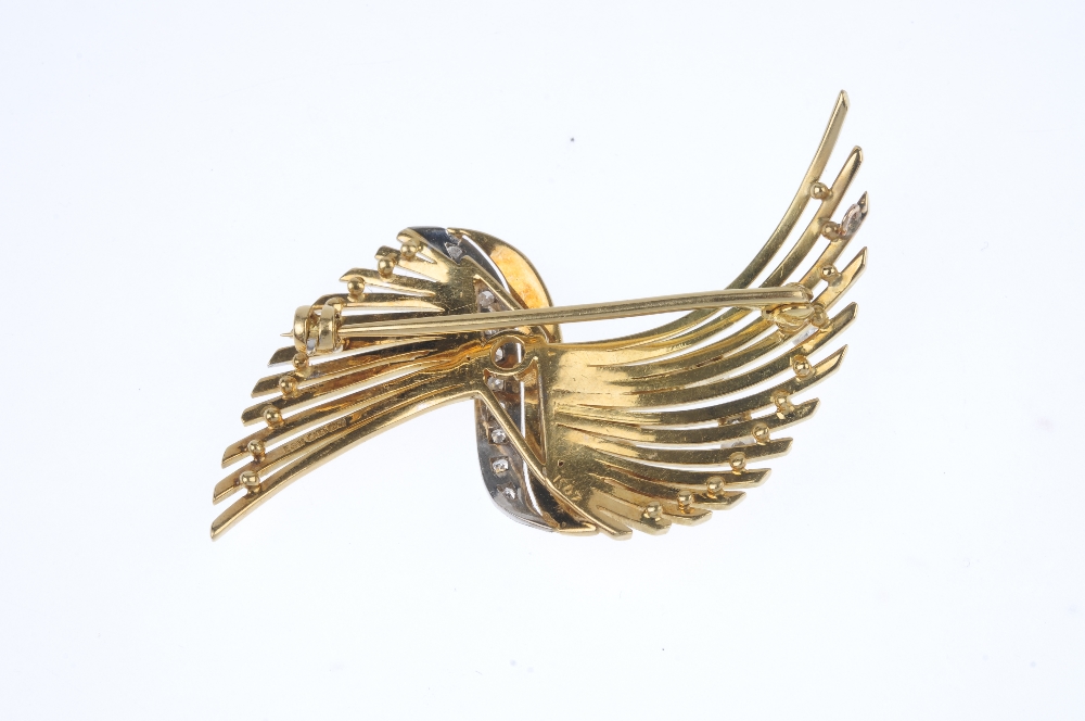 A 1960s 18ct gold diamond brooch. Designed as a stylised bow, with single-cut diamond curved line - Image 2 of 2