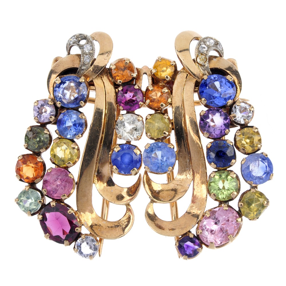 A set of mid 20th century multi-gem jewellery. To include a vari-shape multi-gem cluster ring with