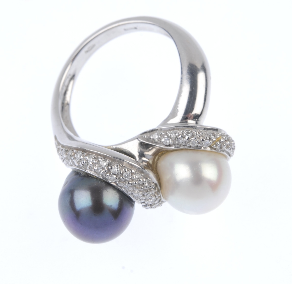 A cultured pearl and diamond dress ring. The black and cream cultured pearls, within a pave-set - Image 2 of 4