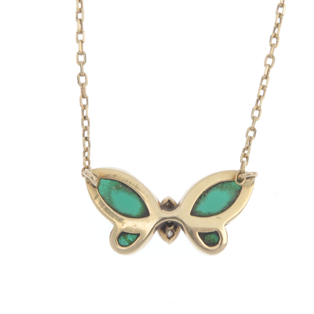 VAN CLEEF & ARPELS - a green hardstone and diamond butterfly necklace. The green agate cabochon - Image 2 of 3