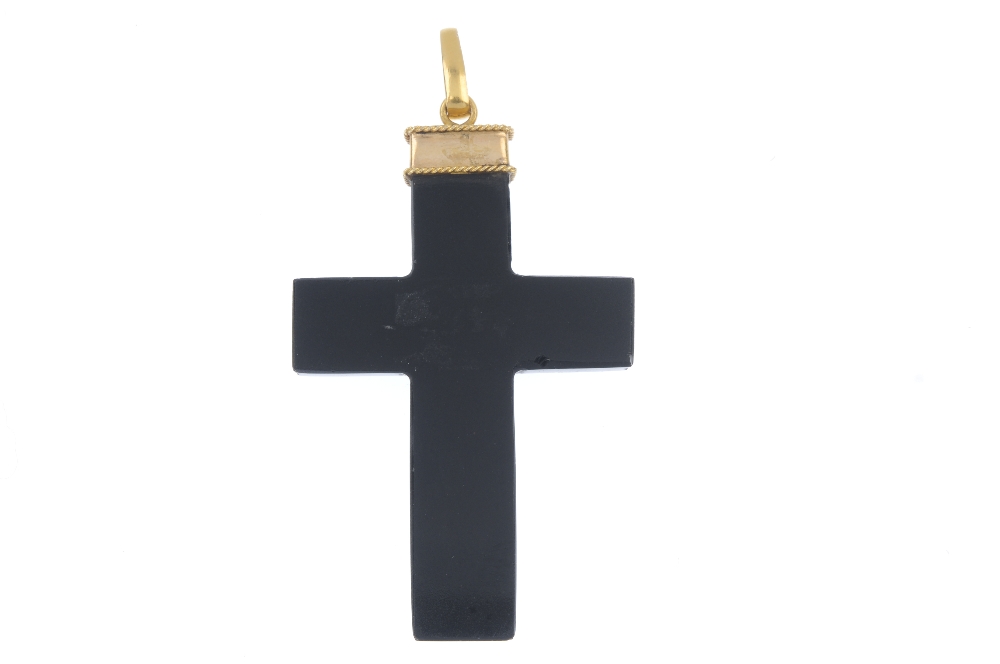 A late 19th century gold micro mosaic cross pendant. The black glass cross, with various micro - Image 2 of 2