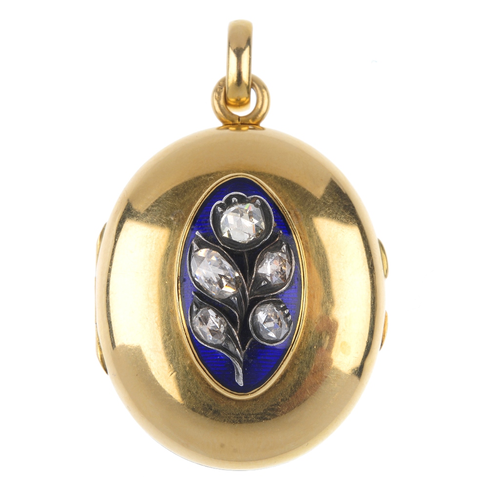 A late 19th century 18ct gold diamond and enamel locket. The rose-cut diamond floral motif, atop a