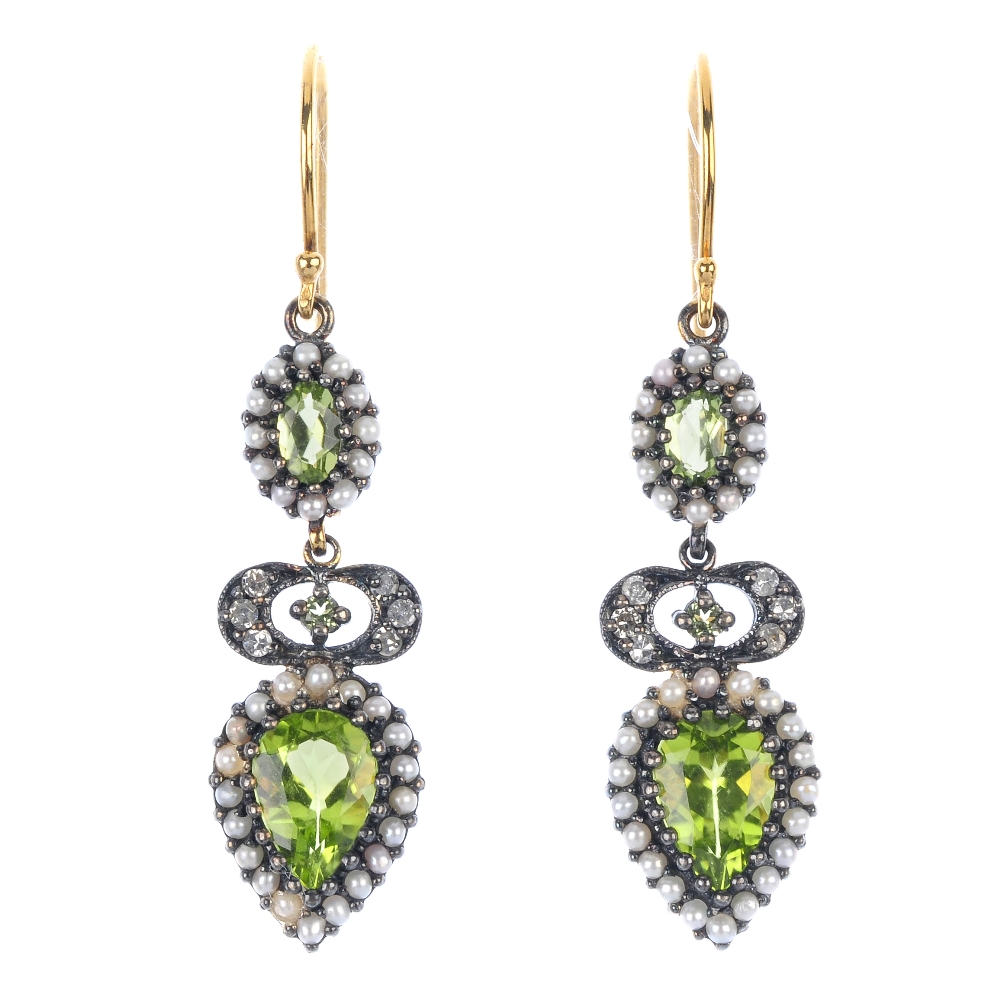 A pair of peridot, seed pearl and diamond ear pendants. Each designed as a pear-shape peridot within