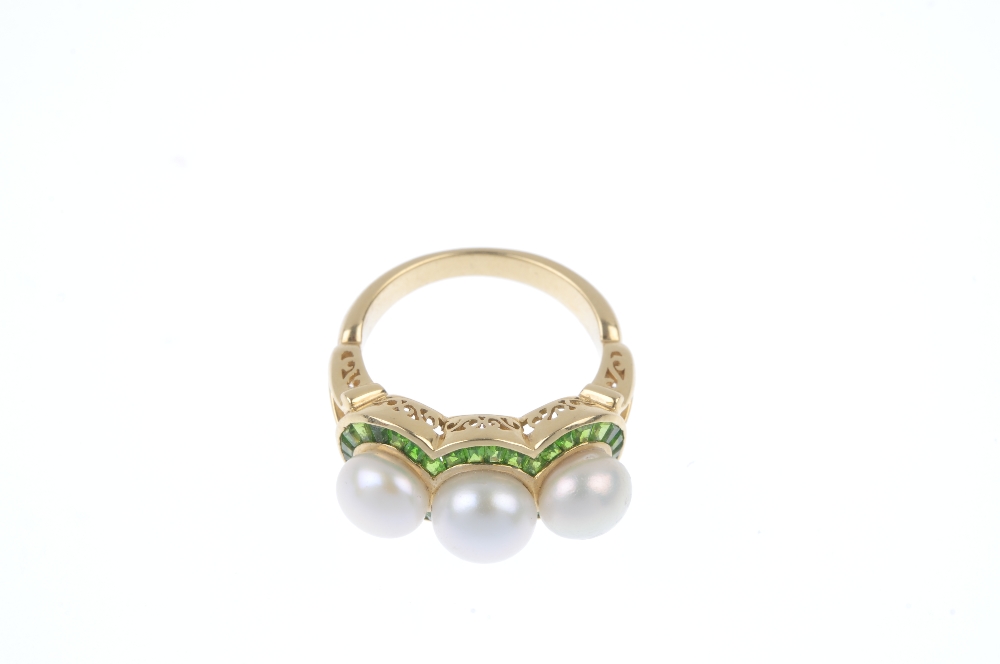 A cultured pearl and garnet cluster ring. The three cultured pearls, within a square-shape green - Image 2 of 4
