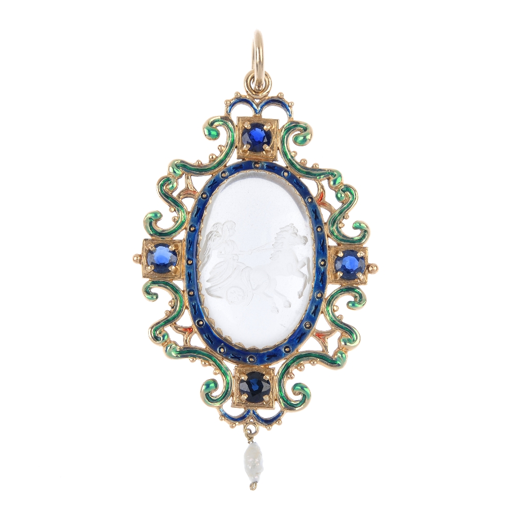 A rock crystal and enamel pendant. The oval-shape engraved rock crystal depicting a charioteer,