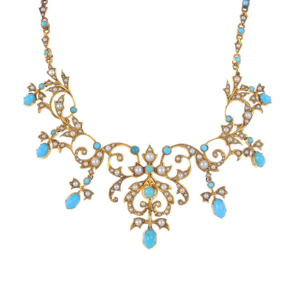 A late 19th century turquoise and split pearl necklace. The front designed as a split pearl and