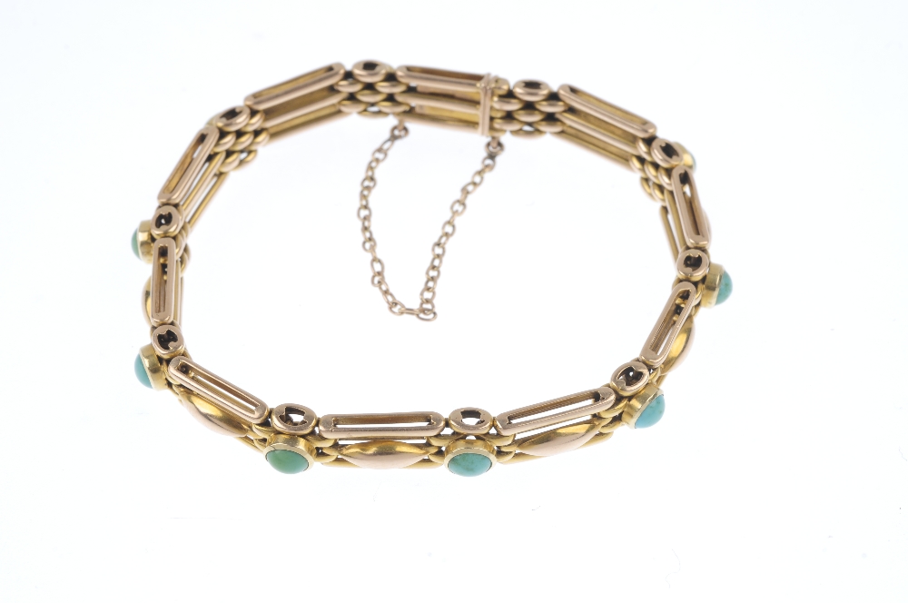 An early 20th century 15ct gold turquoise bracelet. Comprising a series of circular turquoise - Image 3 of 3