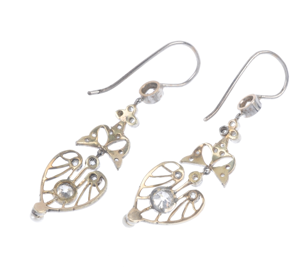 A pair of diamond and seed pearl ear pendants. Each designed as an old-cut diamond openwork panel, - Image 2 of 2