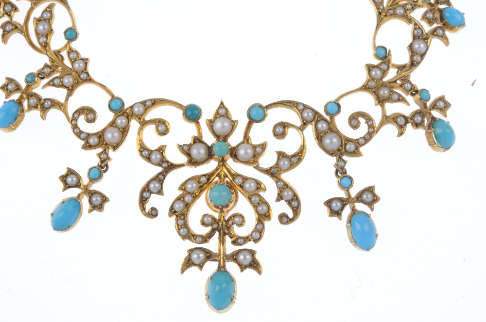 A late 19th century turquoise and split pearl necklace. The front designed as a split pearl and - Image 2 of 4