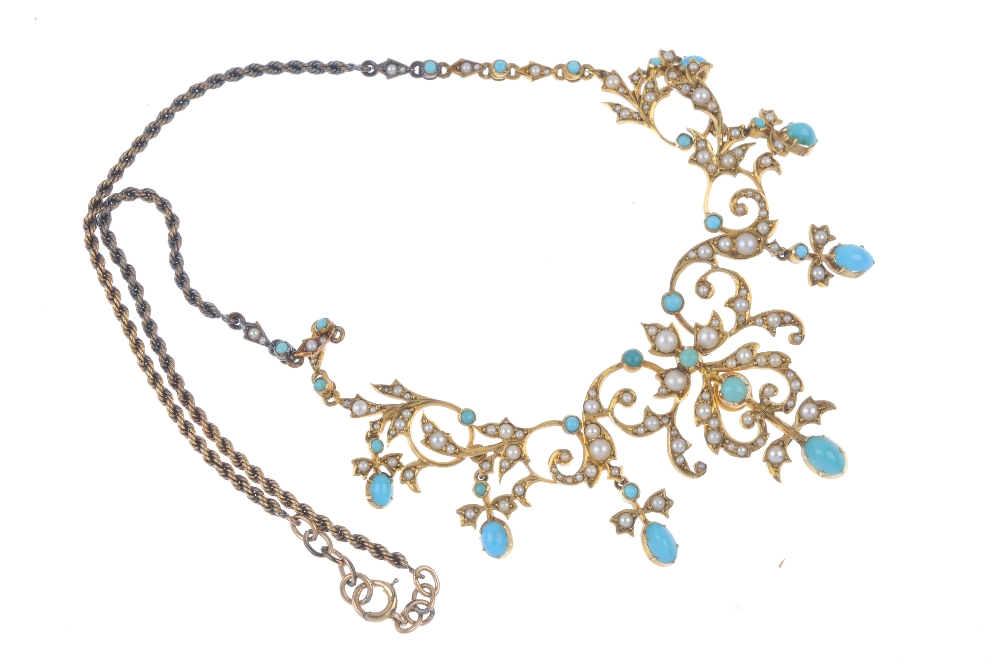 A late 19th century turquoise and split pearl necklace. The front designed as a split pearl and - Image 4 of 4
