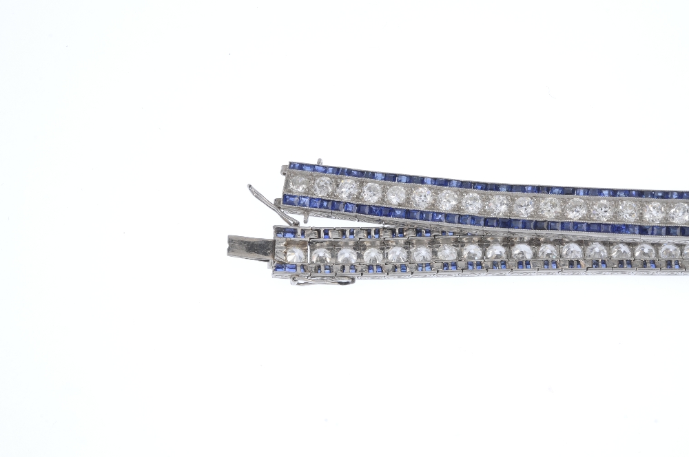 A mid 20th century diamond and sapphire bracelet. The circular-cut diamond line, with calibre-cut - Image 3 of 5