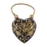 An enamel locket. Of heart-shape outline, the scrolling foliate and floral black enamel panels to