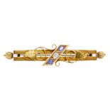 An early 20th century 15ct gold diamond and sapphire bar brooch. The old-cut diamond and oval-