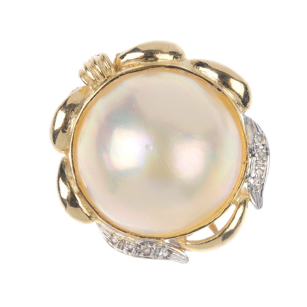 A set of mabe pearl jewellery. To include a mabe pearl ring, with single-cut diamond accents,