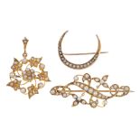 A selection of three early 20th century gold split pearl brooches. To include an old-cut diamond and
