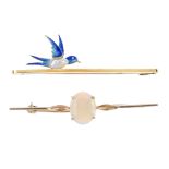 Two early to mid 20th century gem-set bar brooches. To include a 15ct gold blister pearl and