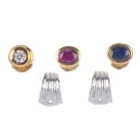A selection of three diamond and gem-set single ear studs. To include a brilliant-cut diamond collet