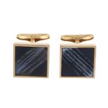 A pair of agate cufflinks. Each designed as a square-shape textured black and grey agate panel, to