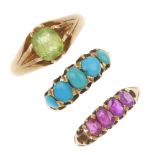 A selection of three gold gem-set rings. To include a peridot single-stone ring, a turquoise five-