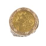 (120207) A 9ct gold half sovereign coin ring. The half sovereign coin, dated 1982, within a