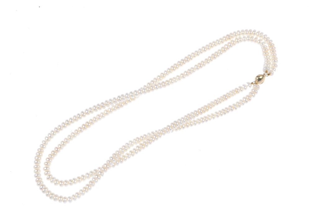 A freshwater cultured pearl two-row necklace. Comprising two strands of button-shape freshwater - Image 3 of 3