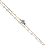 A pearl necklace, with diamond clasp. The pearl and seed pearl strand, to the late 19th century