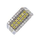 (16565) A 9ct gold diamond and colour treated diamond panel ring. Designed as two rows of colour