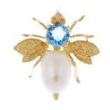 A cultured pearl and topaz bee brooch. Designed as a bee, with cultured pearl and circular-shape