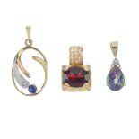 A selection of seven gem-set pendants and a chain. To include a 9ct gold coated topaz pendant, a 9ct