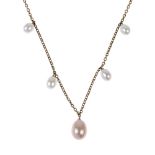 A 9ct gold cultured pearl necklace. The belcher-link chain, suspending a graduated pink and white