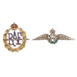 Two enamel RAF brooches. The first designed as the RAF monogram, with green enamel wreath and red