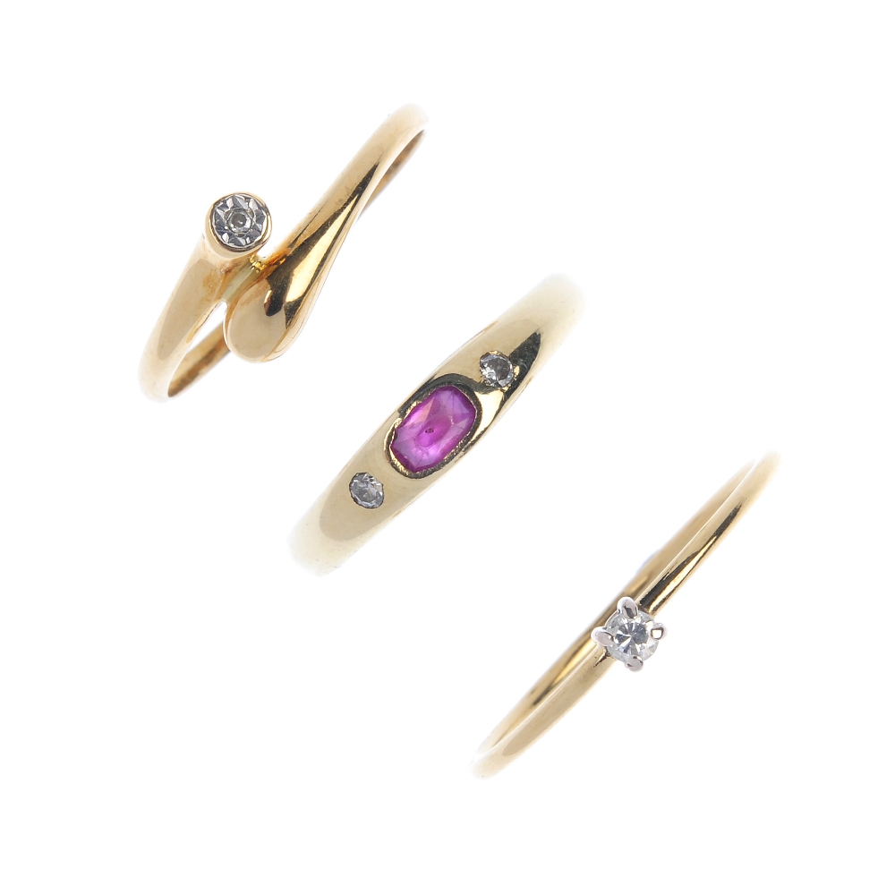 A selection of three diamond and gem-set rings. To include a ruby and diamond three-stone ring, a